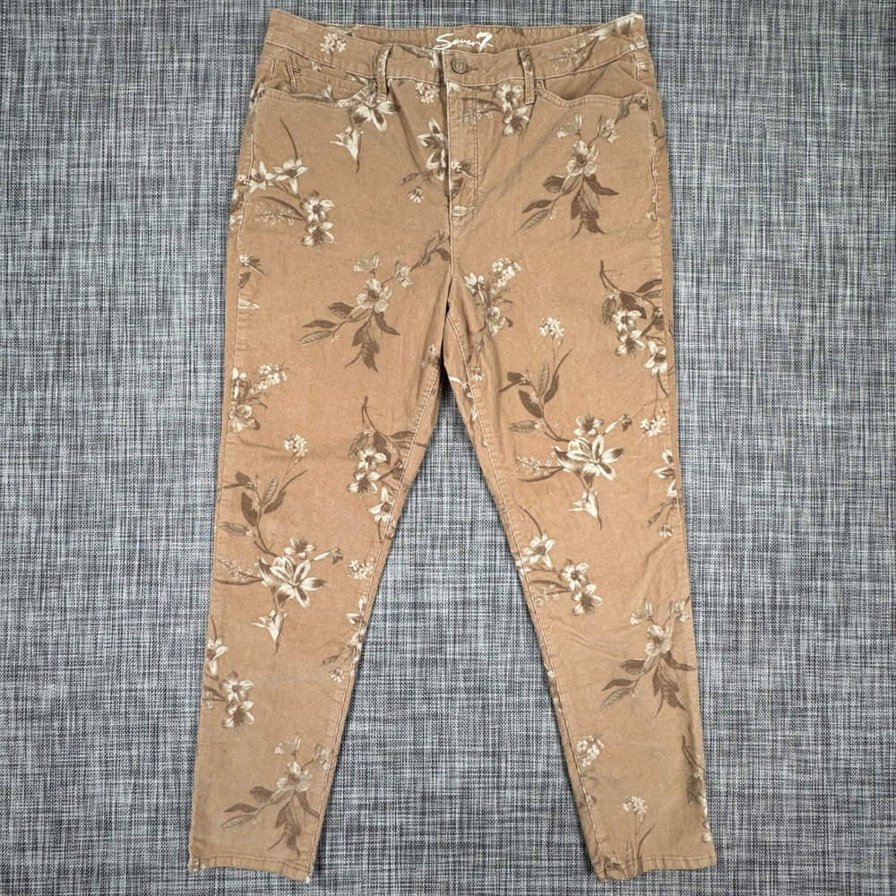Seven7 Women's Size 16 Corduroy Pants Tan Floral Print High Rise Skinny Stretch